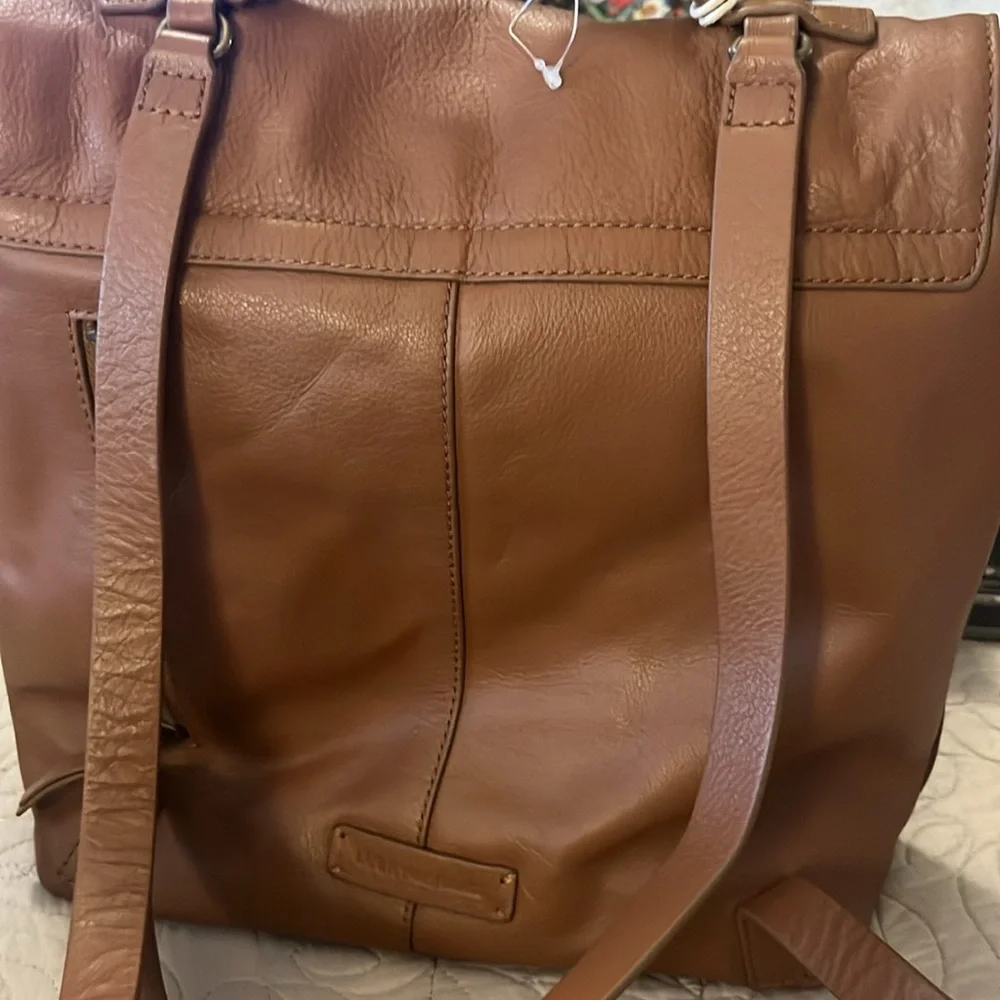 Lucky Brand Womans Camel Brown Pebbled Leather Group Vamp Utility Backpack Purse
